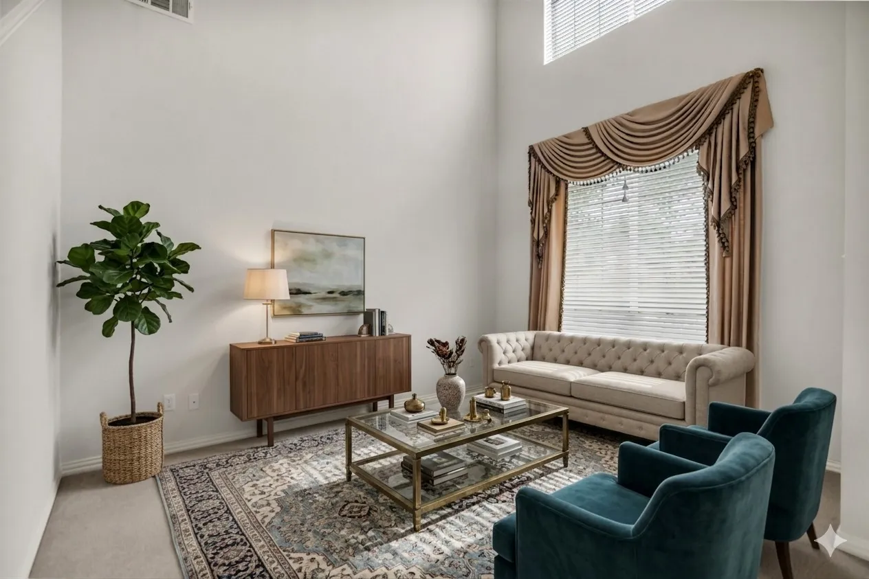 Carpeted living area with plenty of natural light and a high ceiling