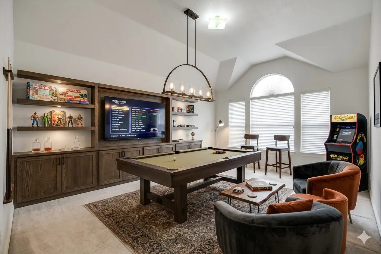 Rec room with light colored carpet, vaulted ceiling, and billiards