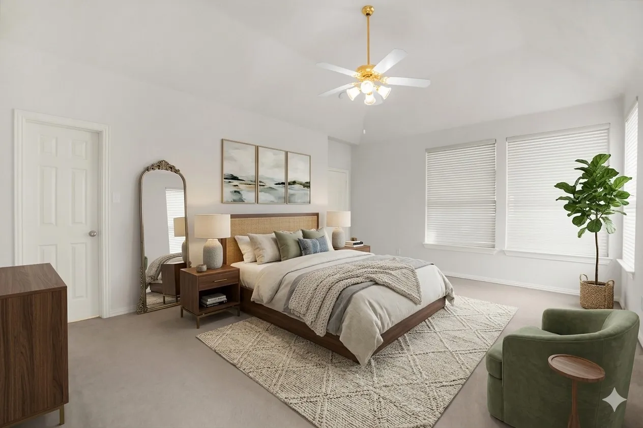 Bedroom with light colored carpet, a ceiling fan, and lofted ceiling