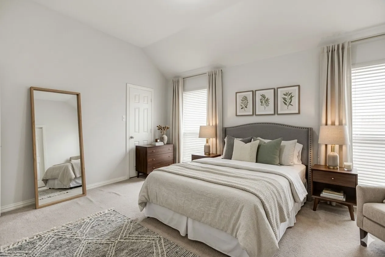 Bedroom featuring lofted ceiling and carpet flooring