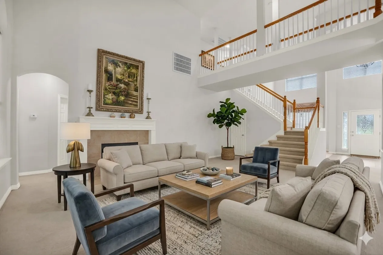 Carpeted living room with a high ceiling, arched walkways, and a tile fireplace
