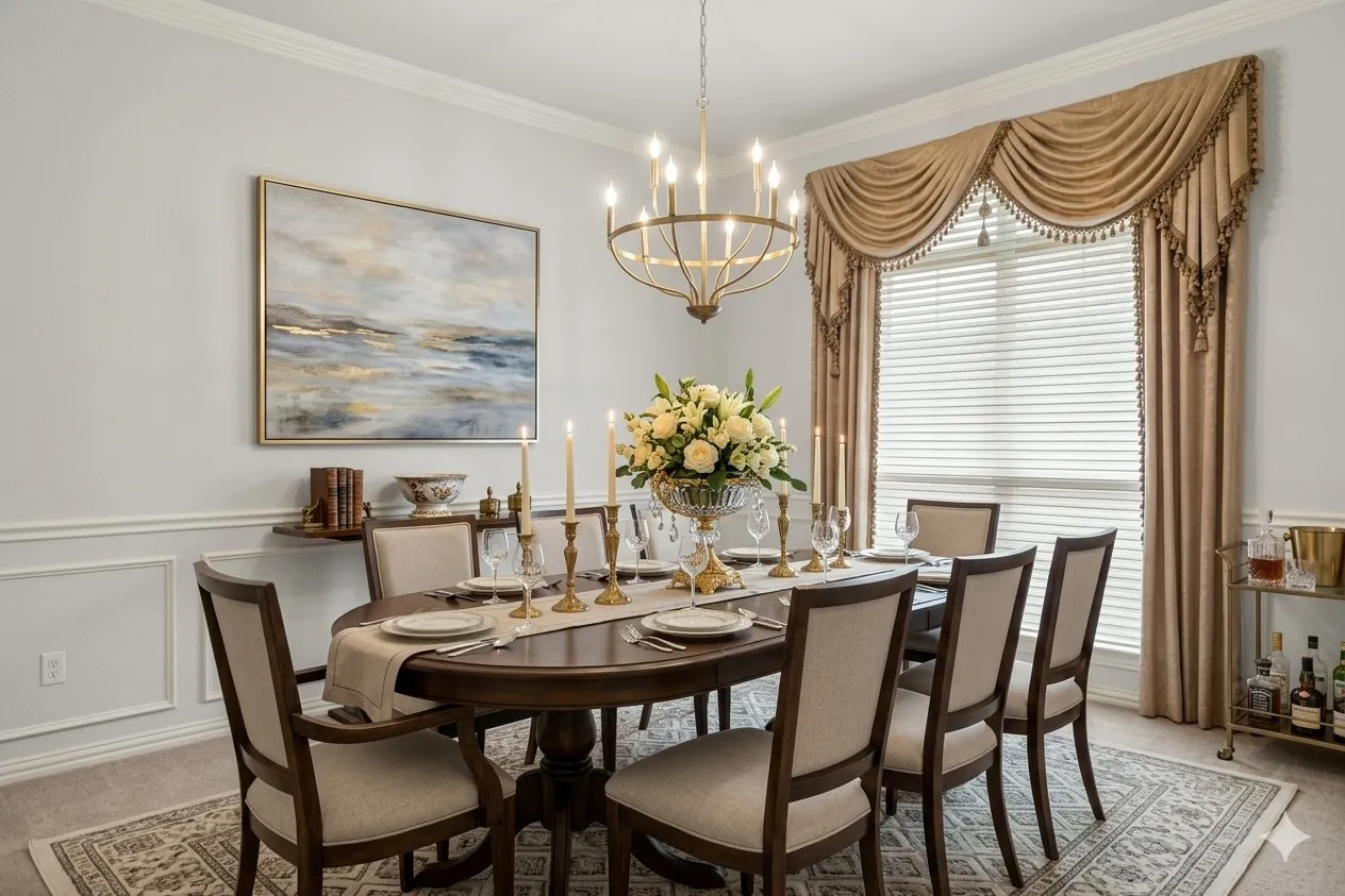 Carpeted dining space featuring ornamental molding, a chandelier, a decorative wall, and a wainscoted wall