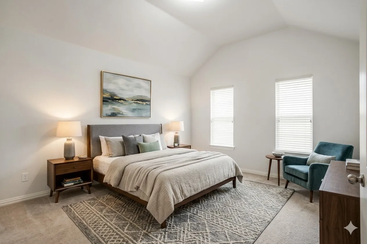 Bedroom with light colored carpet and baseboards