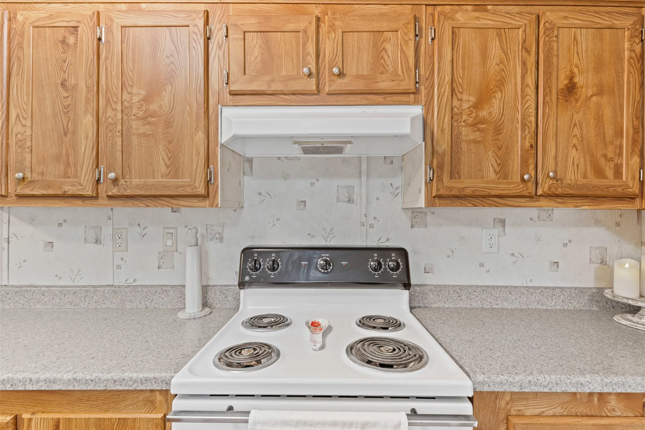 Kitchen with electric range, decorative backsplash, and wood finish cabinets