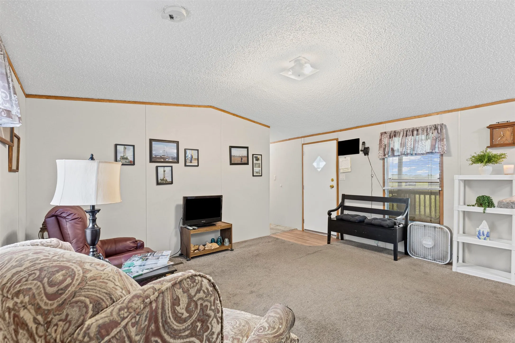 Carpeted living room with ornamental molding