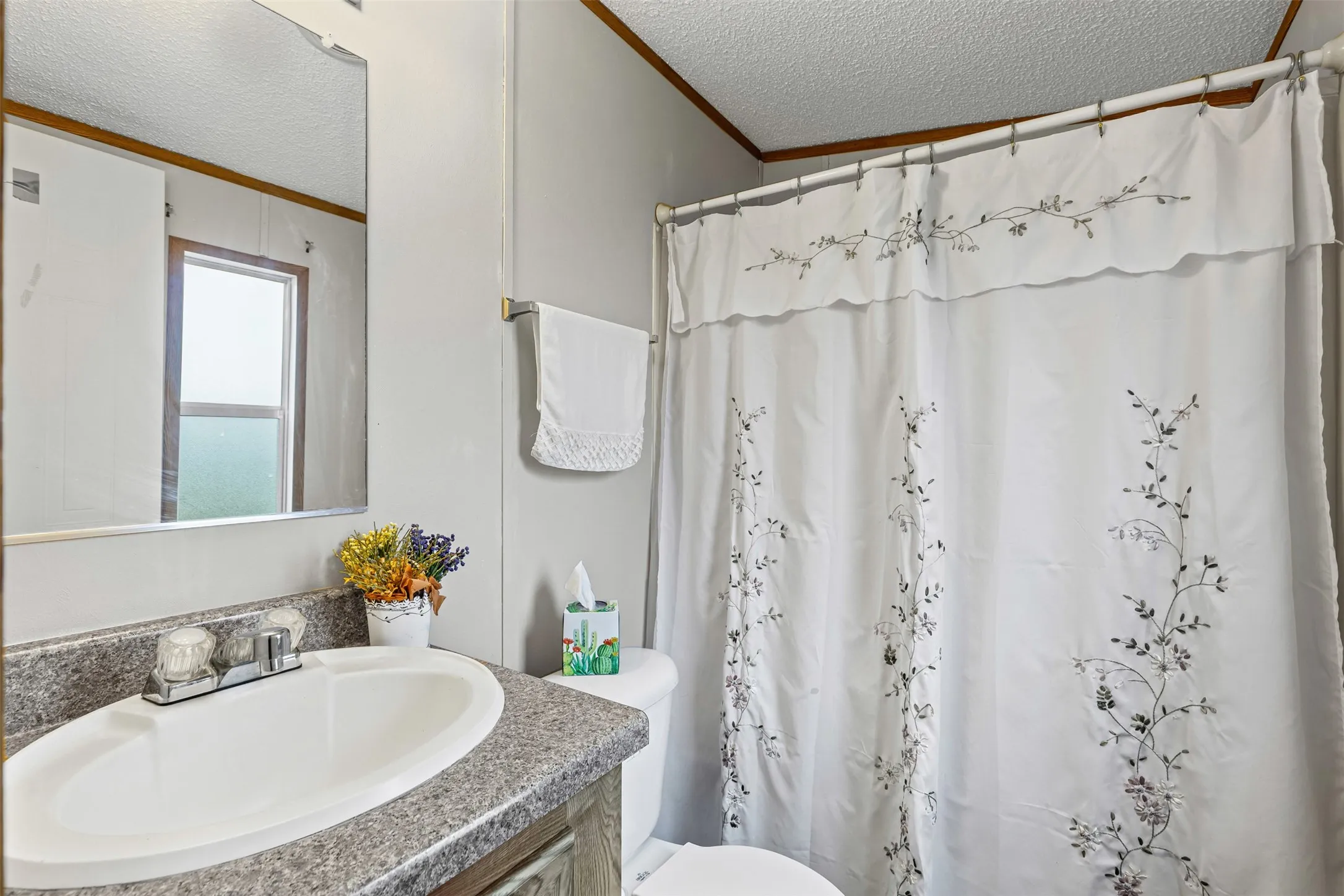 Bathroom featuring a textured ceiling, vanity, a shower with shower curtain, and crown molding