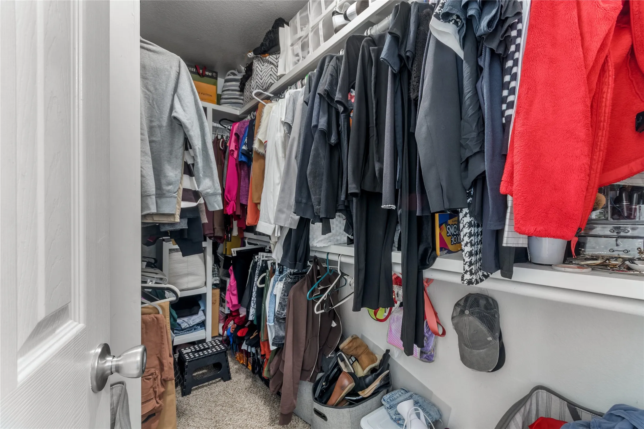 This walk-in closet features built-in shelving, hanging rods, and carpeted flooring