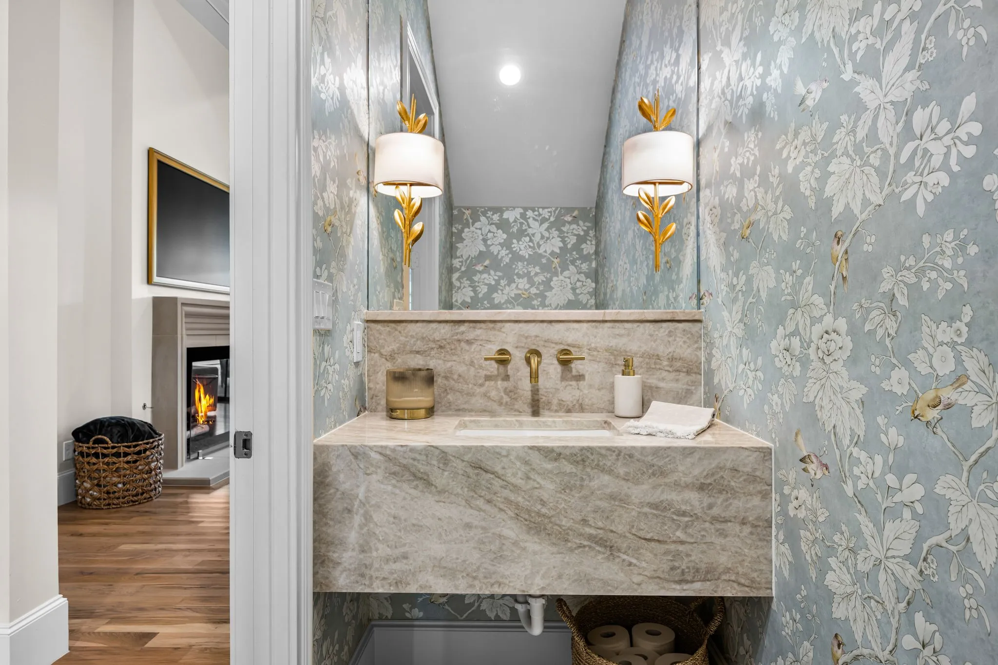 Hall half bath with stunning Taj mahal counter