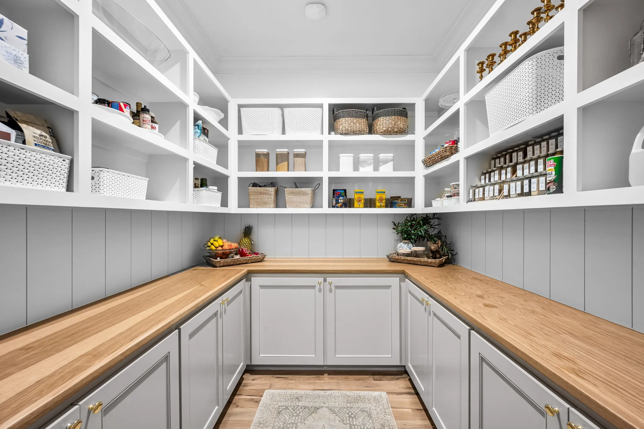 Fantastic large pantry with slide out drawers. Cabinets are SW Colonnade grey