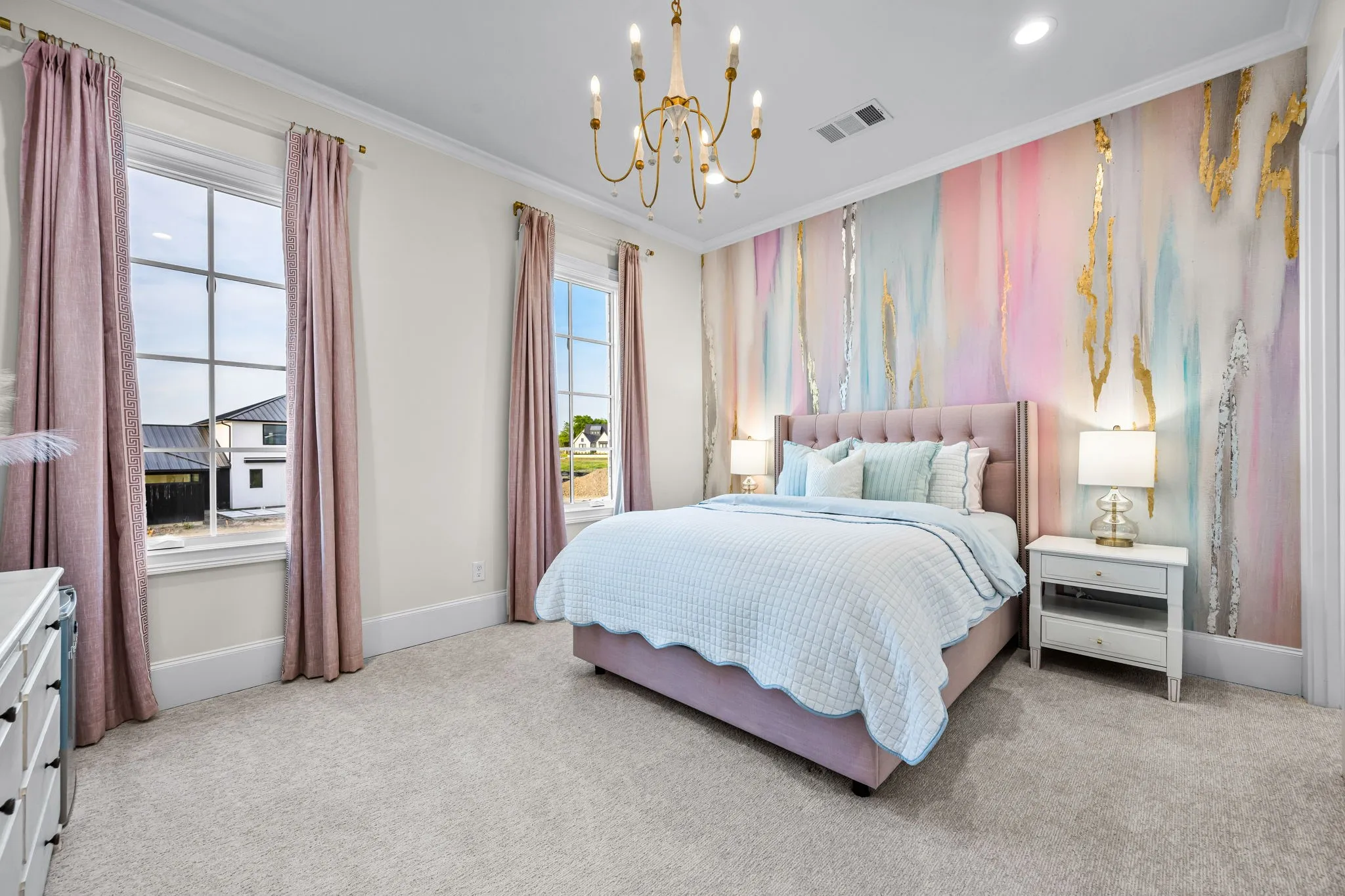 Bedroom fit for a princess! Stunning wallpaper with painted gold added for texture.  This room could also be a Multi-generational suite with its large 14 1/2 by 12 size and large ensuite bath