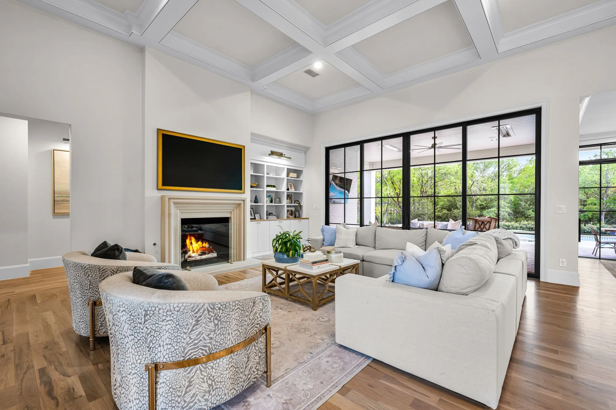 White oak floors and Amazing coffered ceiling