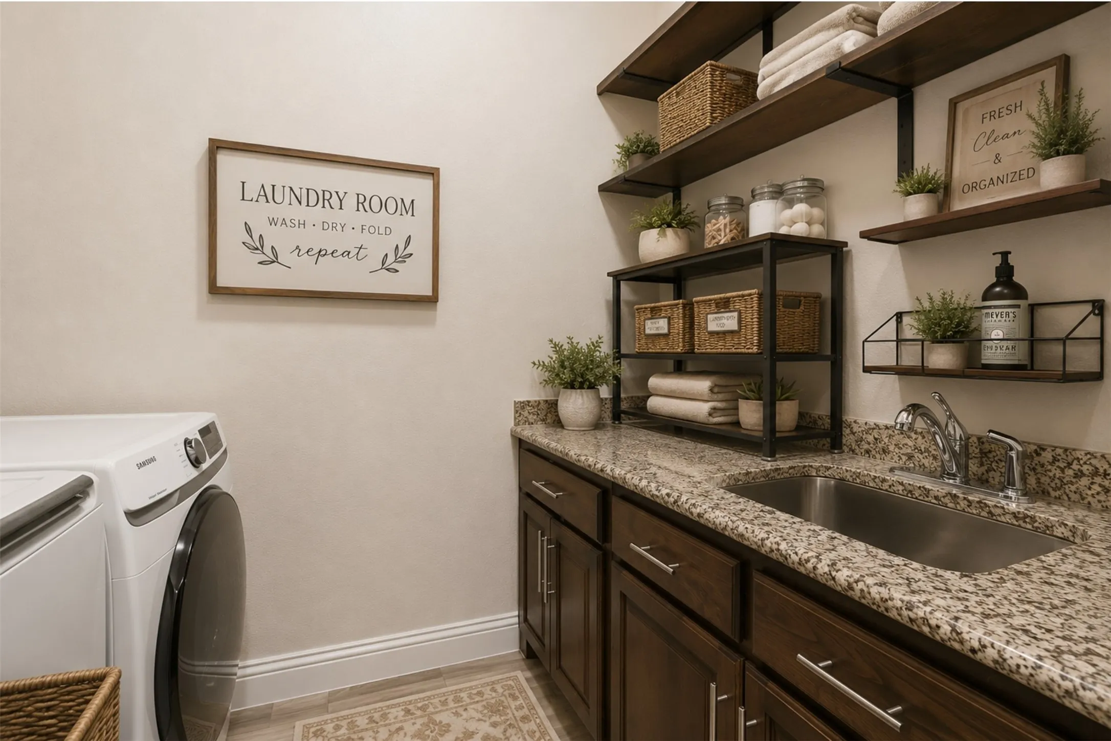 Virtaully staged laundry room with sink