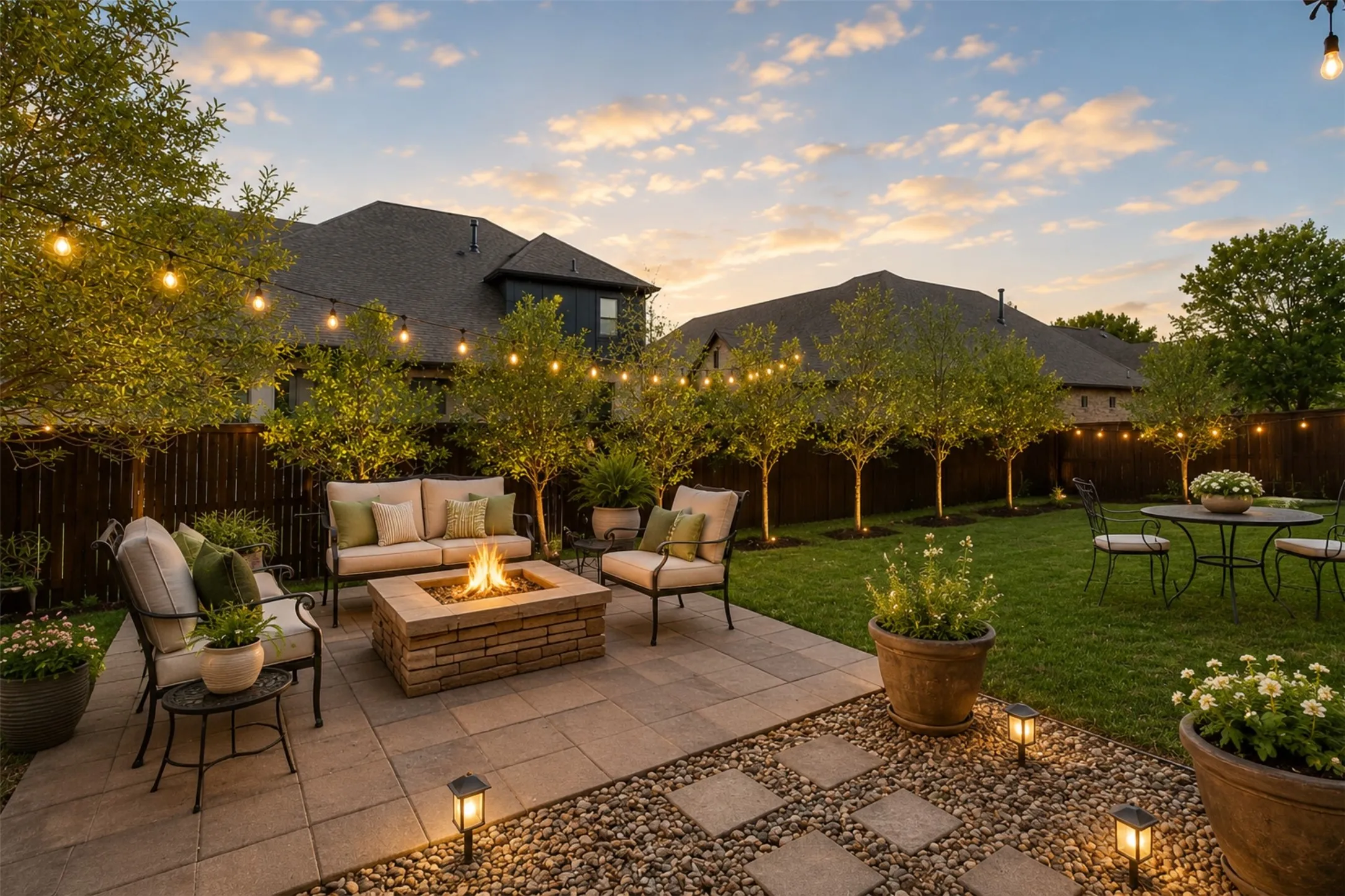 Virtually staged custom firepit and sitting area
