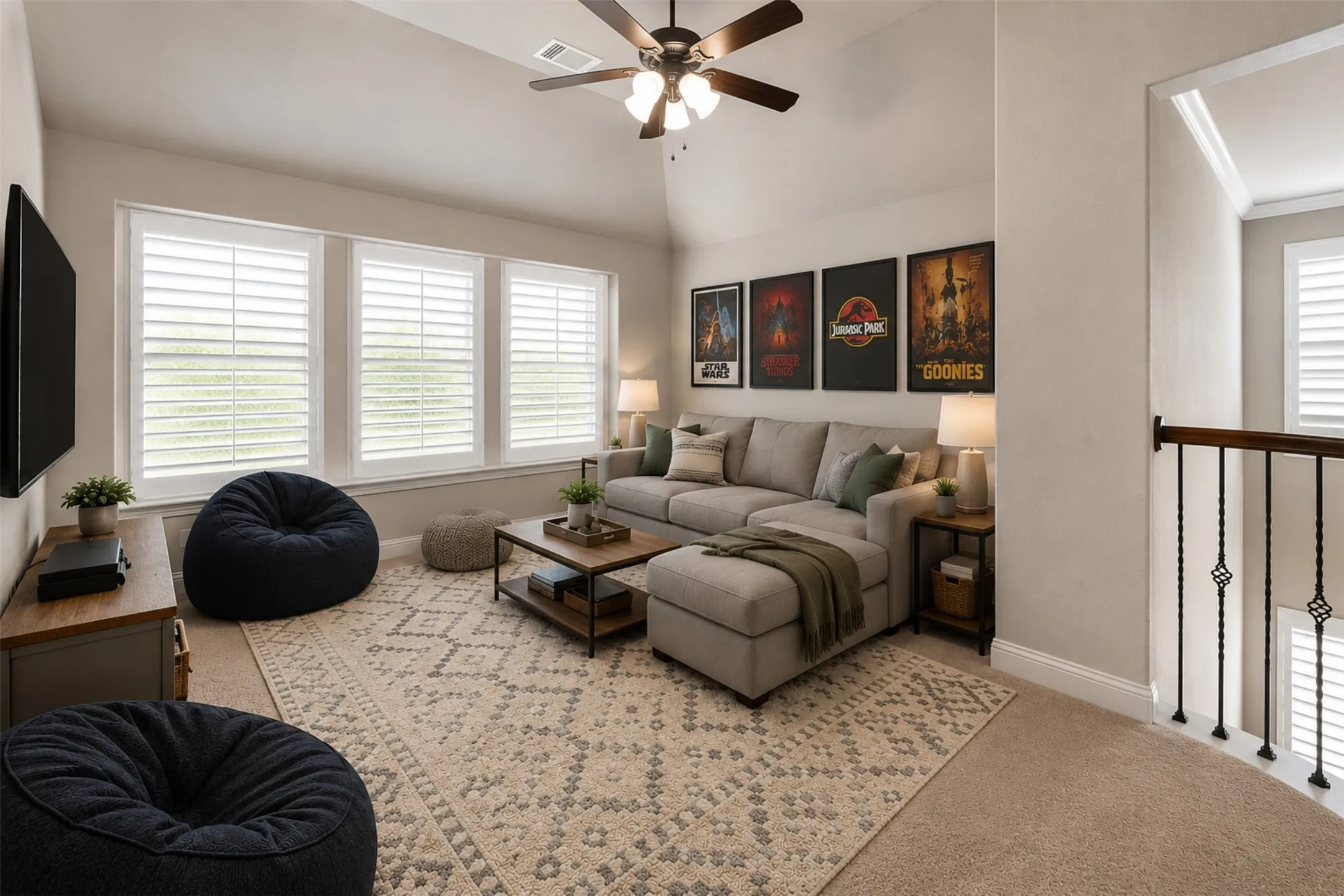 Virtually staged upstairs living/media area
