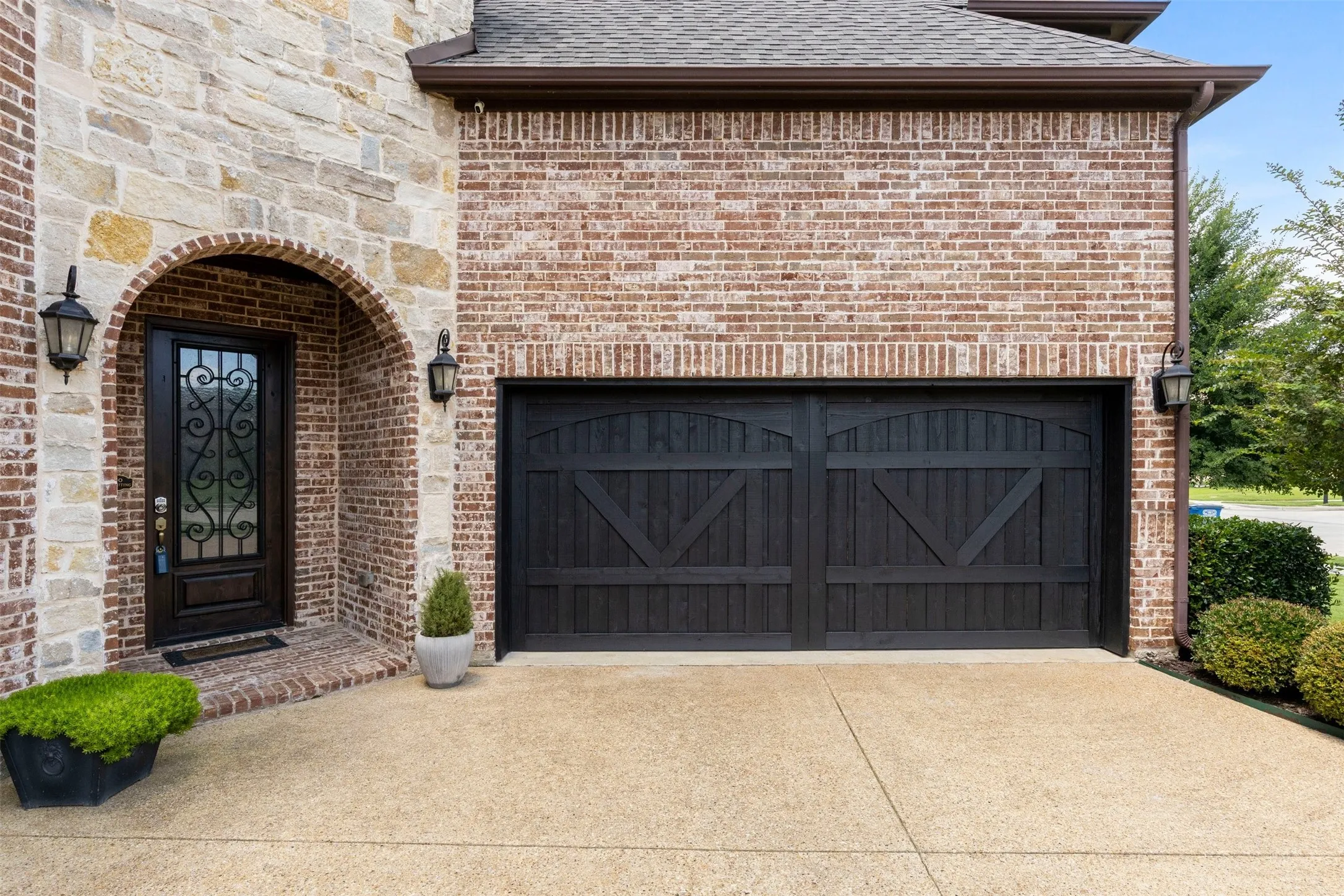 Freshly stained garage doors