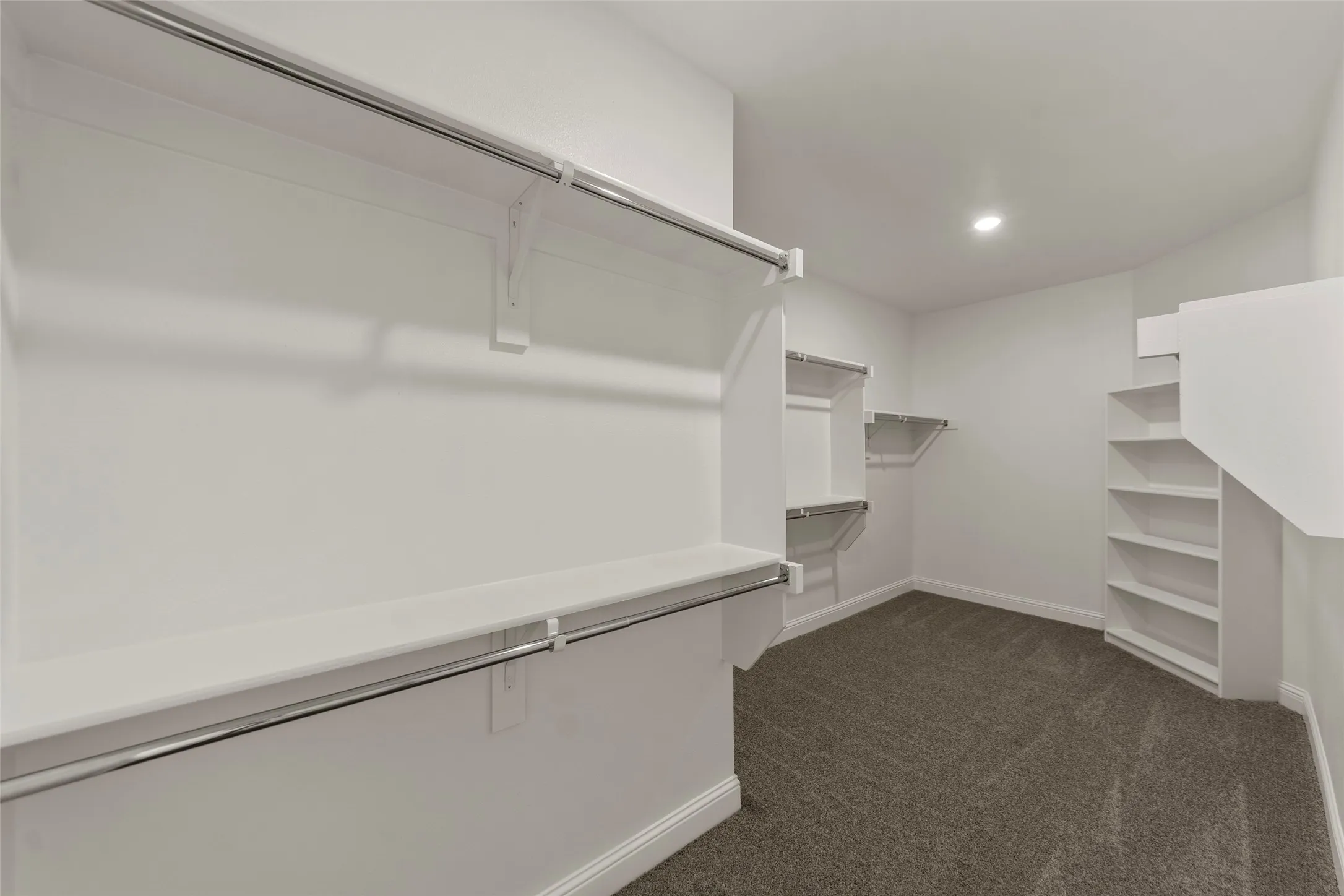 Walk-in closet featuring built-in shelving, chrome hanging rods, recessed ceiling lighting, and carpet flooring