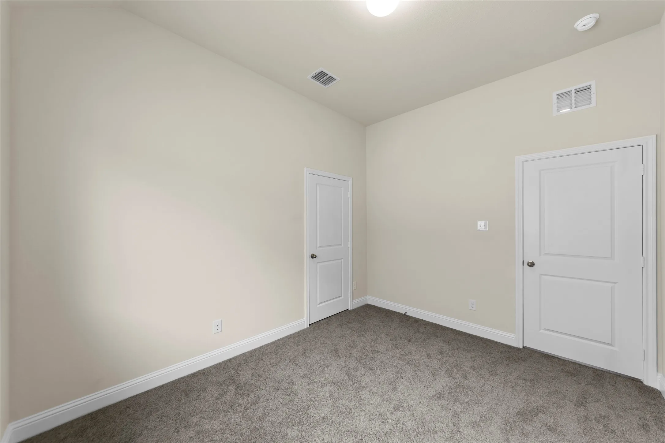 Neutral-toned room featuring a dark gray carpet, white baseboards, and two white paneled doors