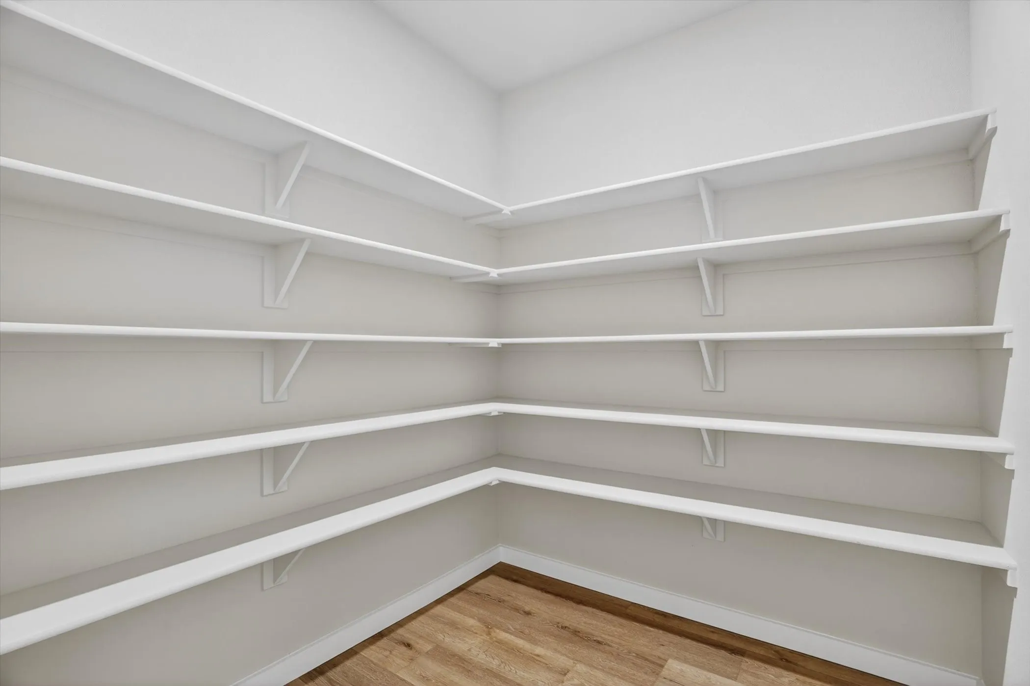 Corner pantry with extensive built-in shelving, white painted walls, and wood-finish flooring