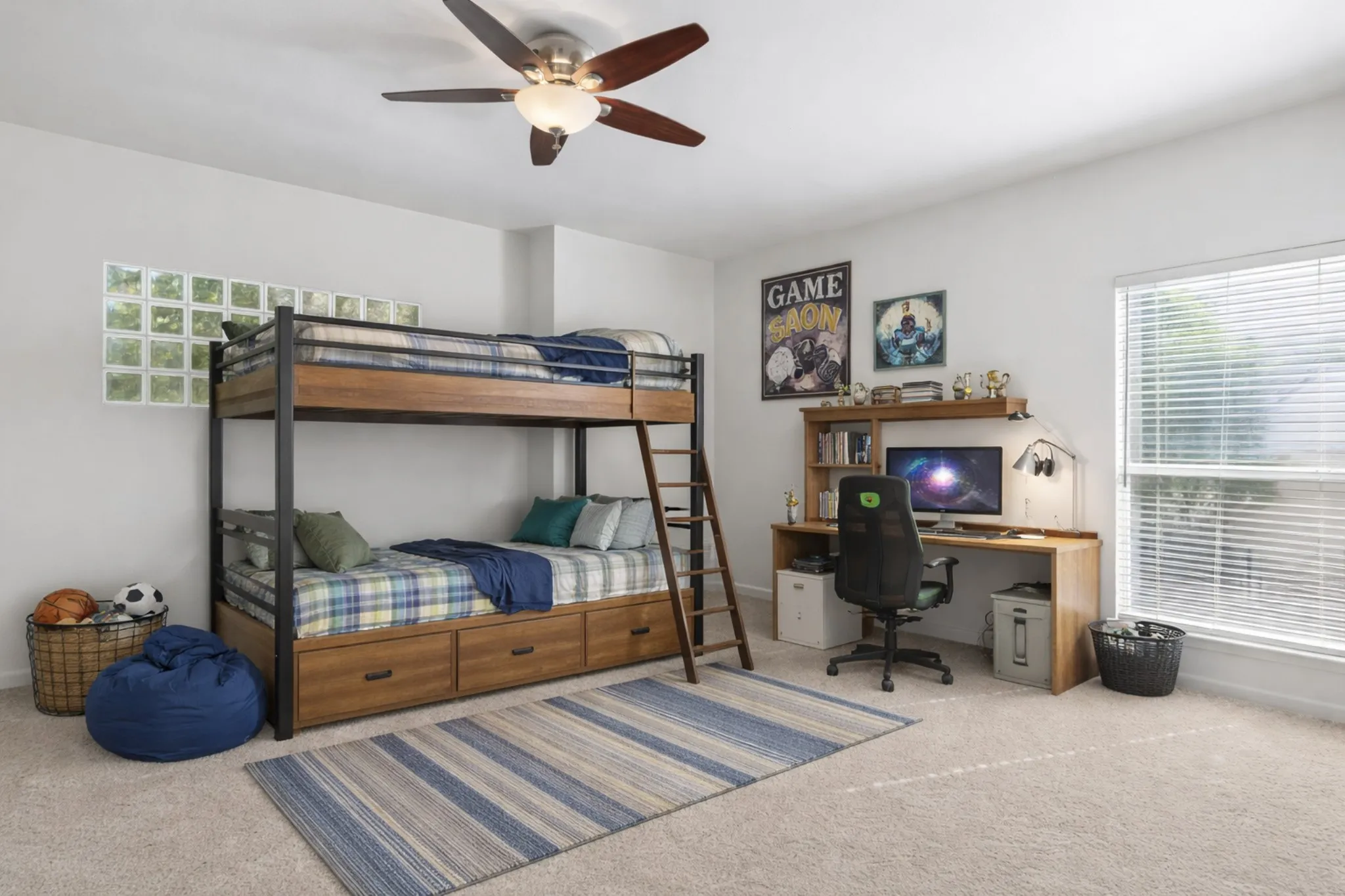 AI rendering of the bedroom with light carpet, a desk, and a ceiling fan