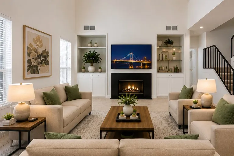 Virtually staged Living Rm. Abundant Natural Light, wet bar