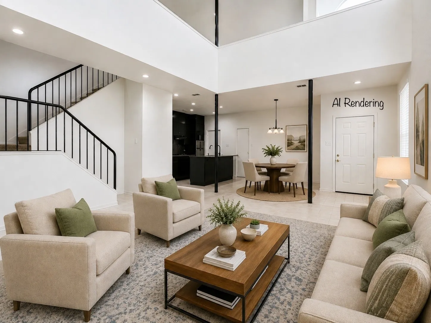 Open-concept living space with a two-story ceiling, recessed lighting, and tile flooring