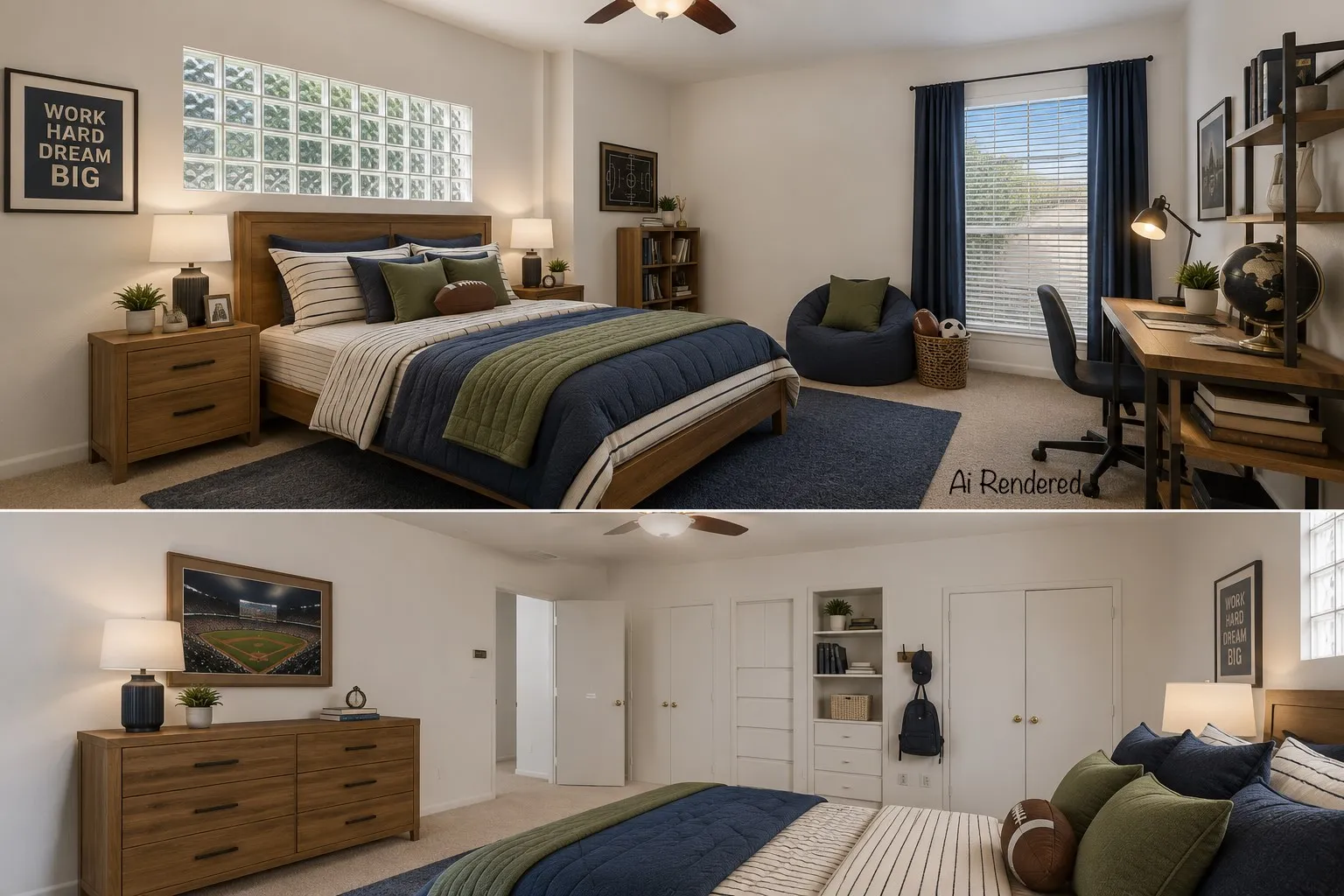 Virtually staged room with built in drawers and walk in closets