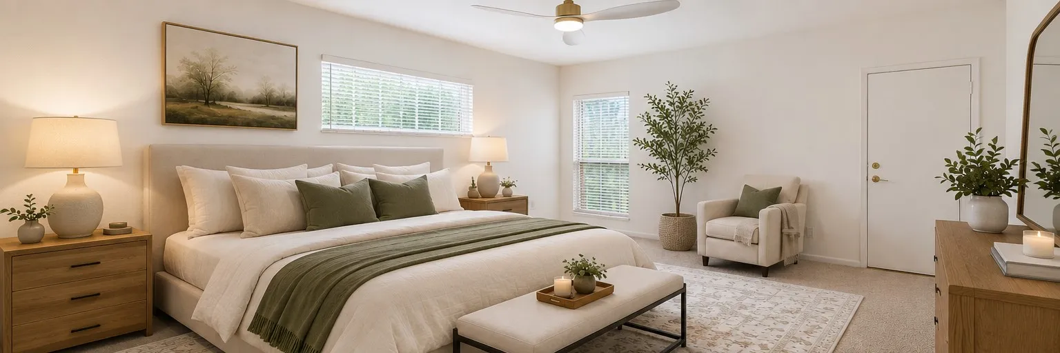 Another AI rendering of the Primary bedroom featuring a ceiling fan, multiple windows