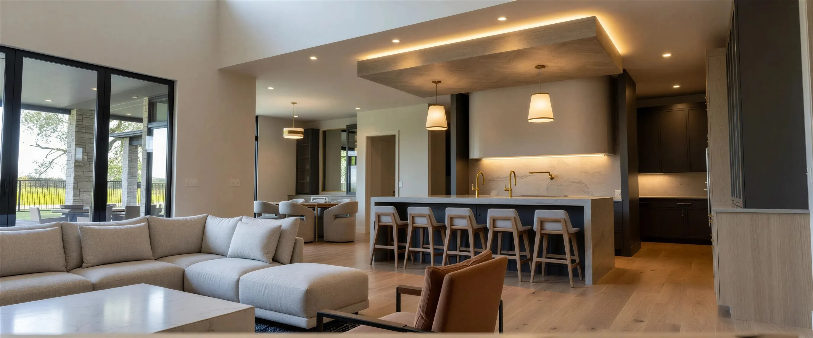 Living area with recessed lighting and light wood-type flooring