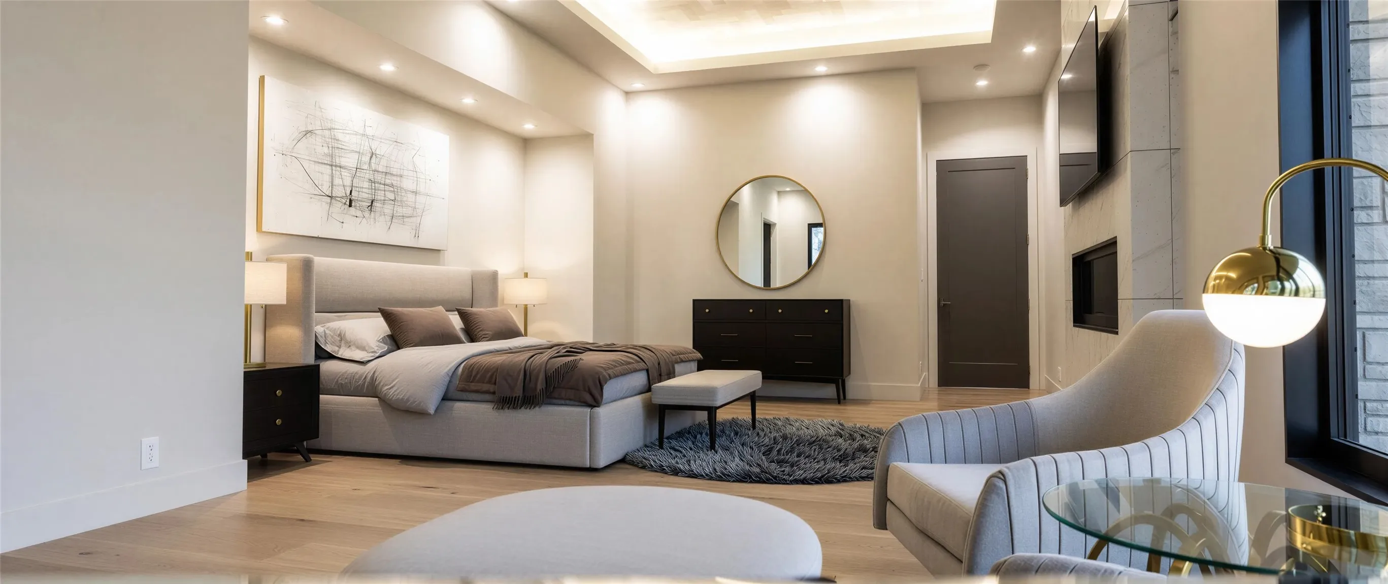 Bedroom with light wood-type flooring and recessed lighting