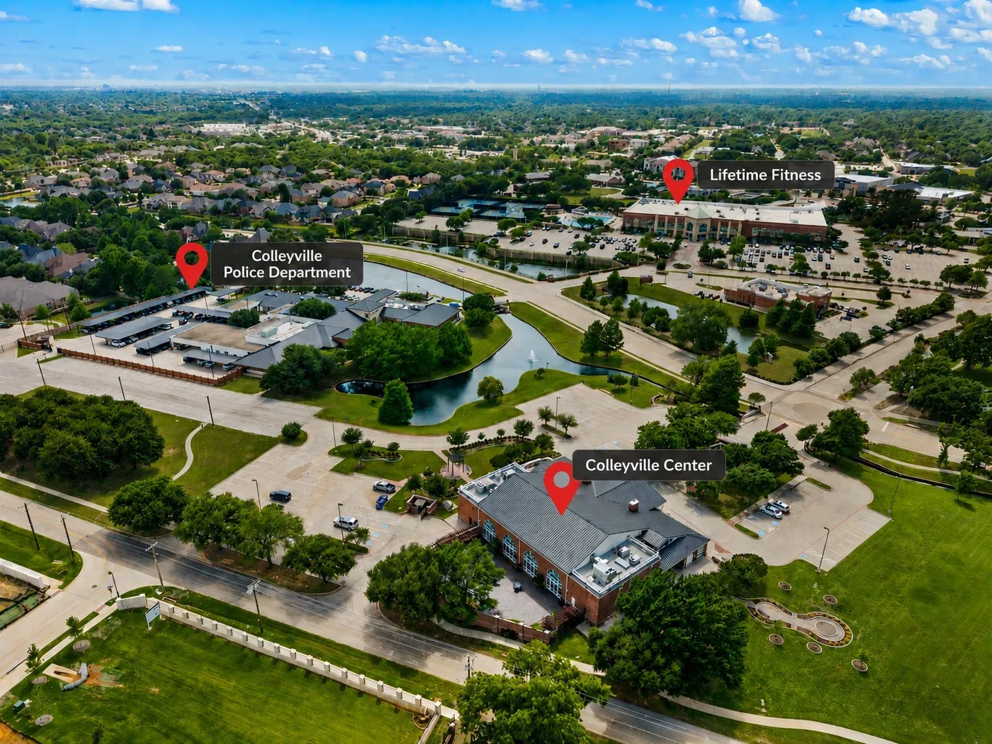 Aerial perspective showcasing a structured civic area featuring expansive green spaces