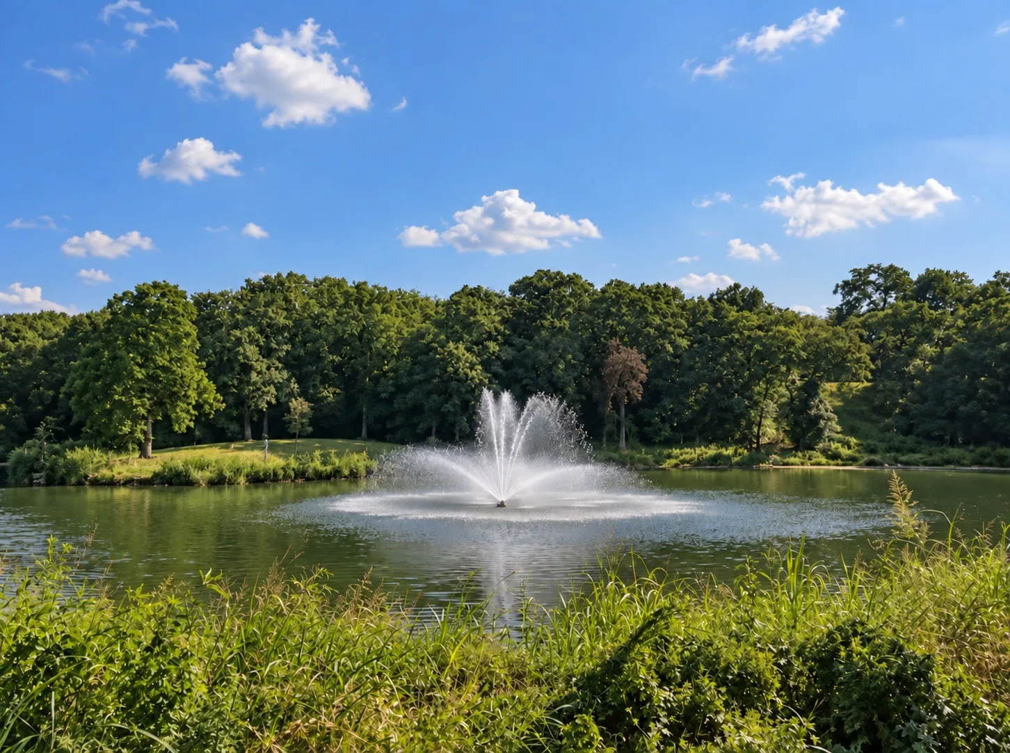 Water feature with an active fountain, surrounded by mature trees and natural landscaping