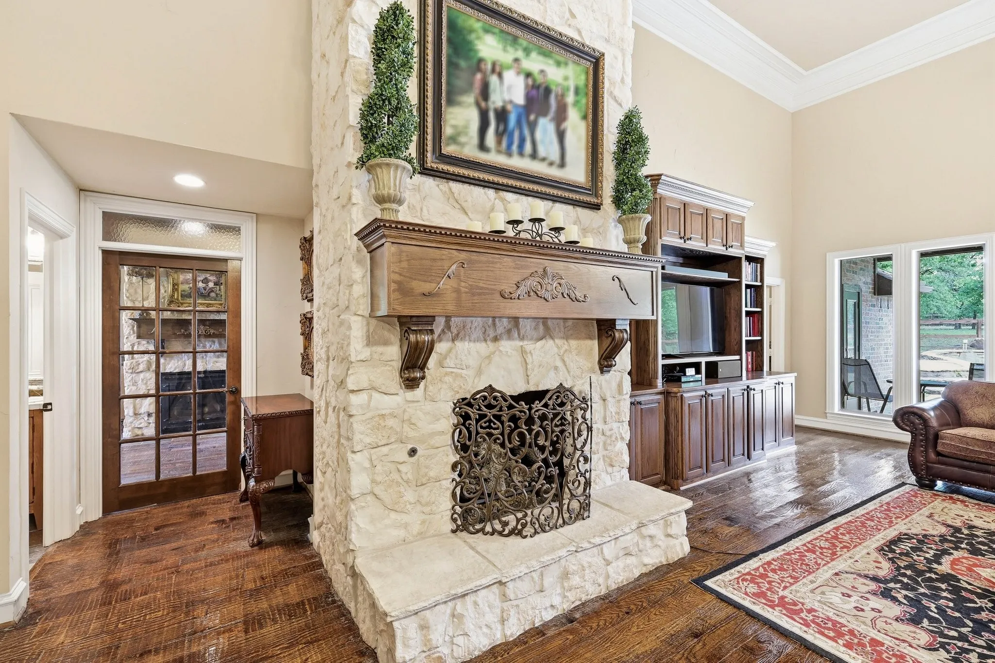 Stone fireplace, floor to ceiling