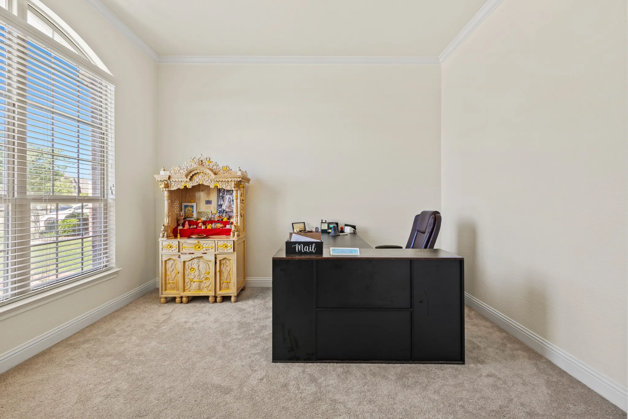 Carpeted office featuring ornamental molding, healthy amount of natural light, and baseboards