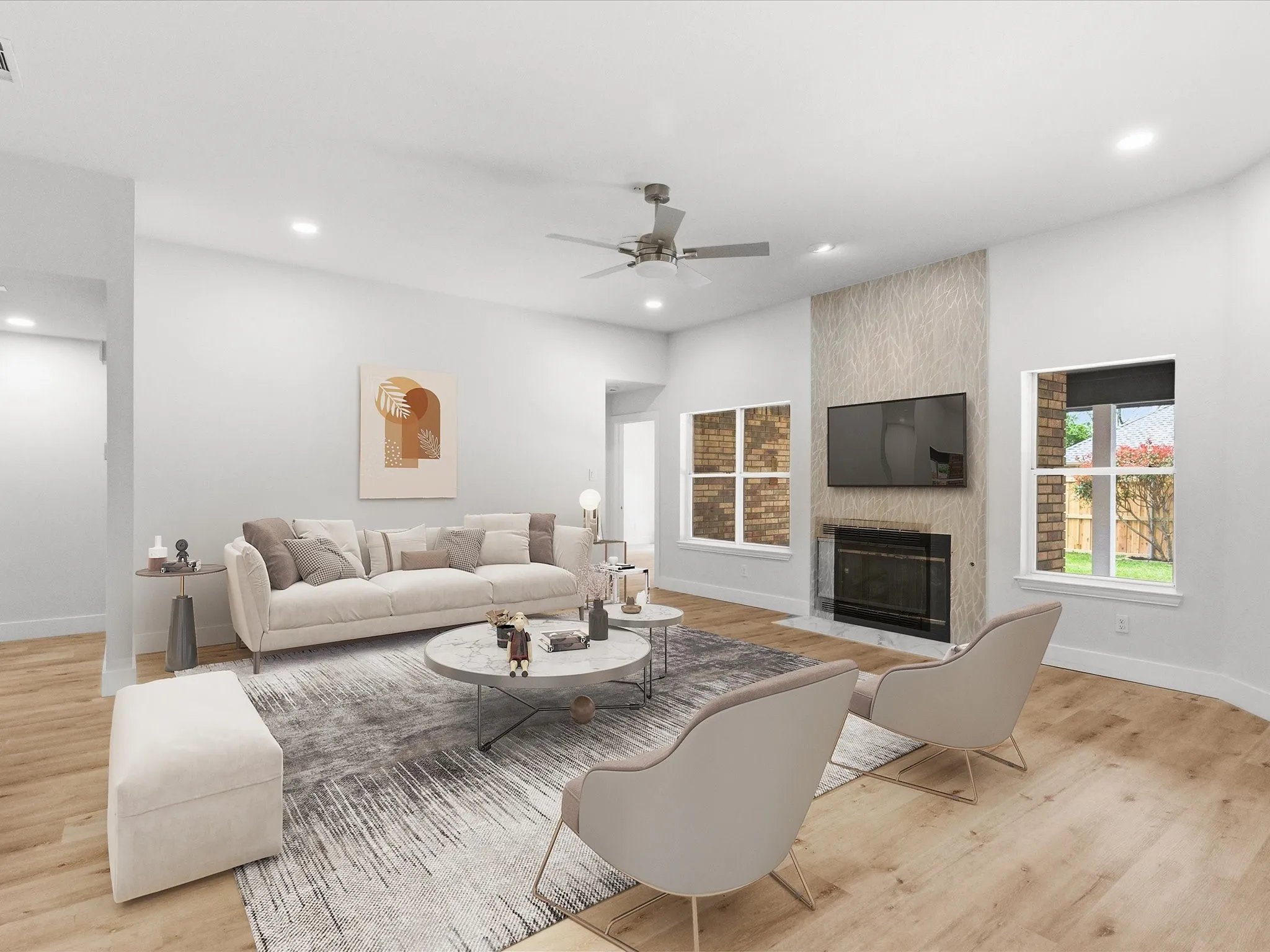 Living area featuring ceiling fan, light wood-style floors, a large fireplace, and recessed lighting