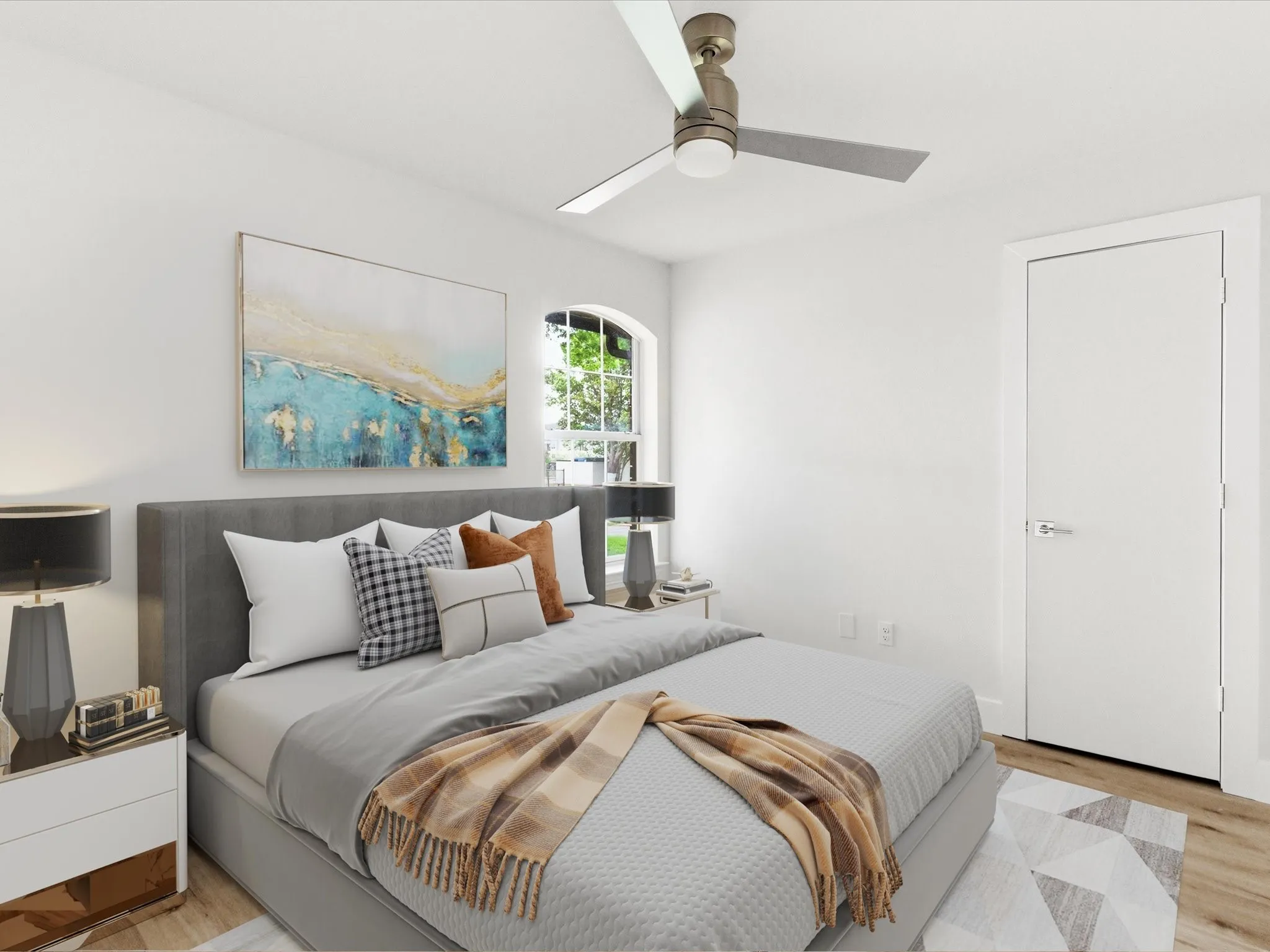 Bedroom featuring light wood-type flooring and a ceiling fan