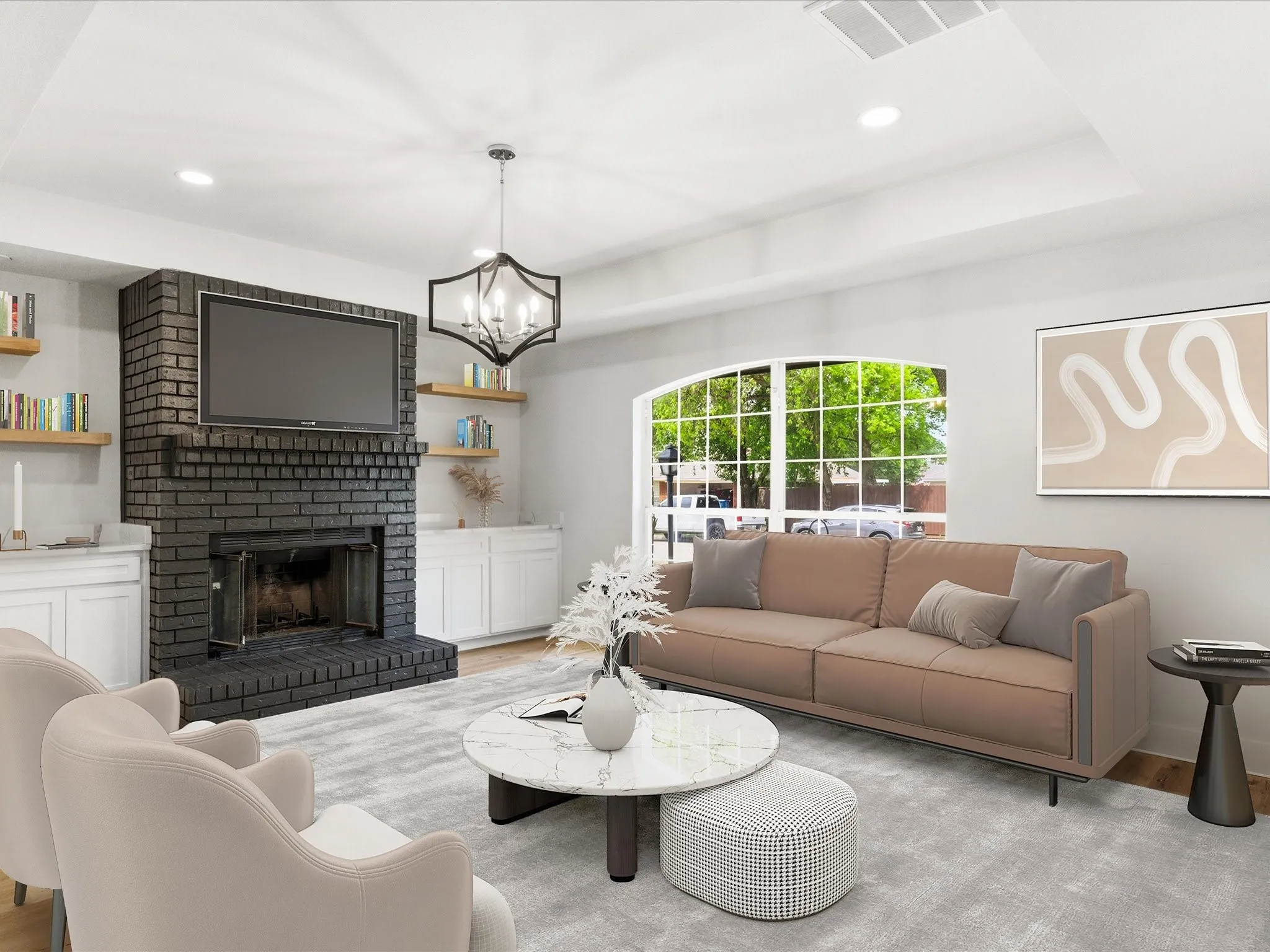 Living area featuring a brick fireplace, hanging lights, and wood finished floors