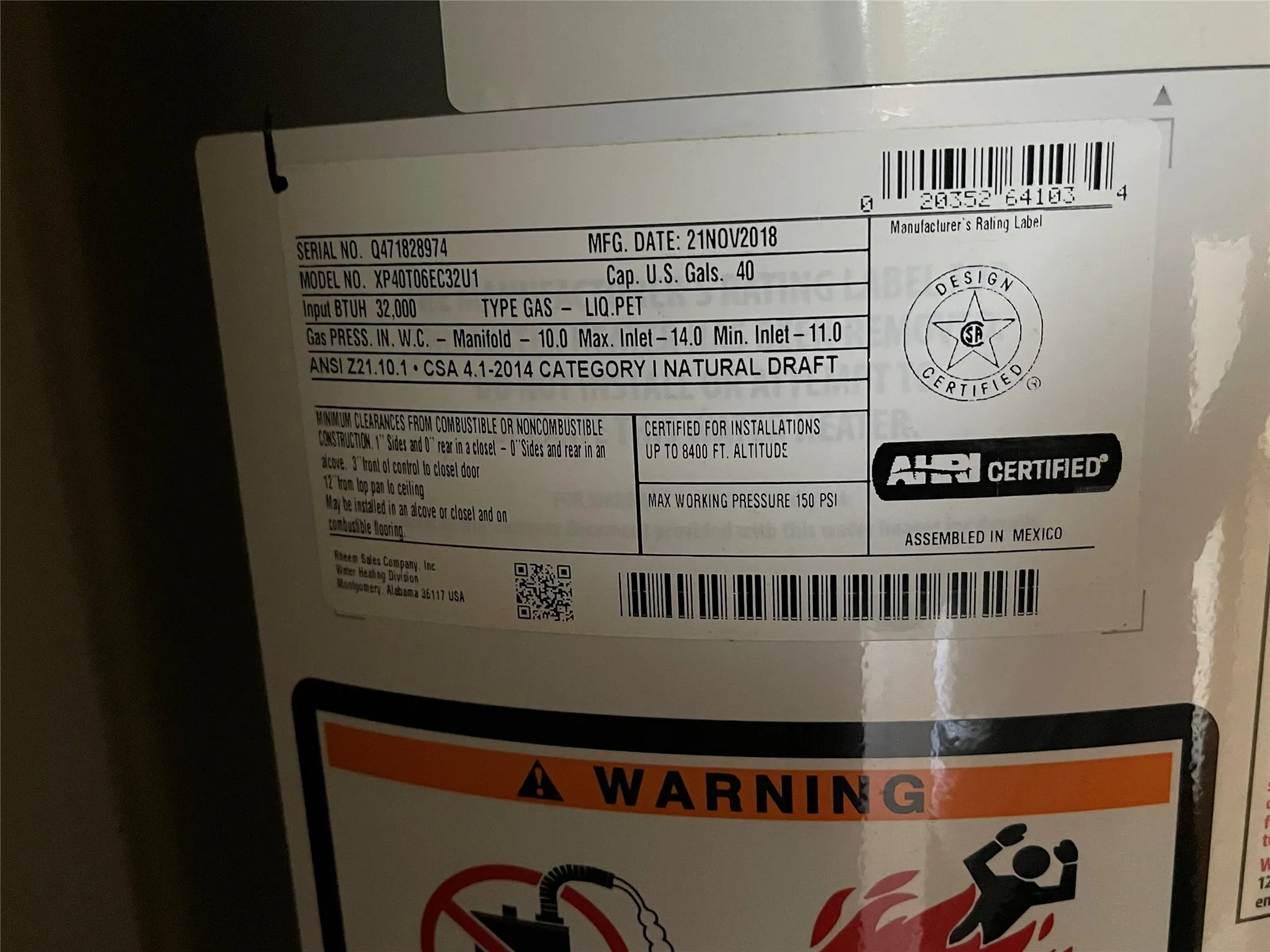 Water heater label.