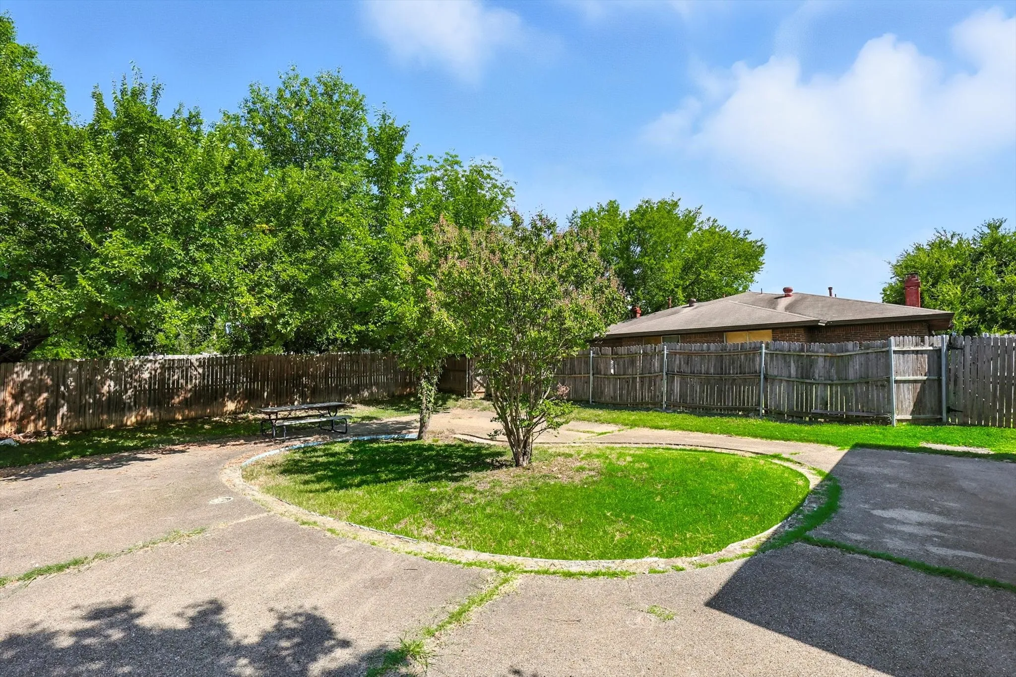 Fenced backyard featuring a patio