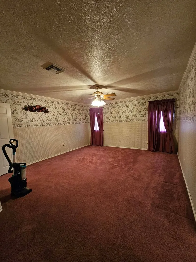 Bonus room featuring wallpapered walls, a textured ceiling, carpet floors, ceiling fan, and a wainscoted wall