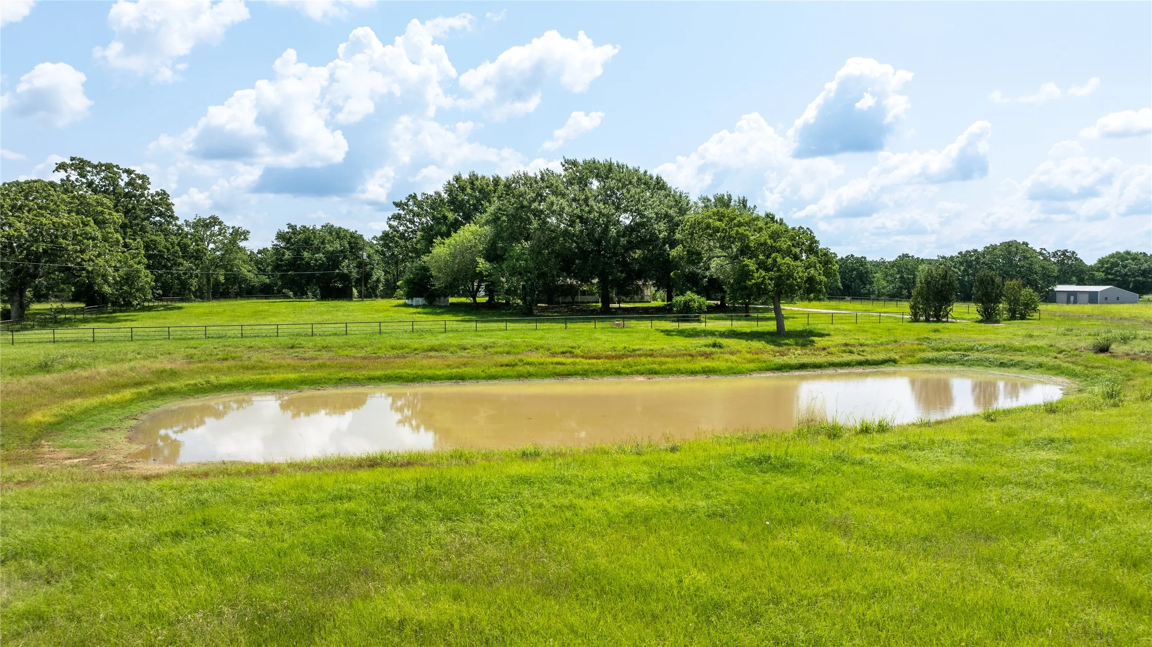 Expansive green pastureland featuring a large pond