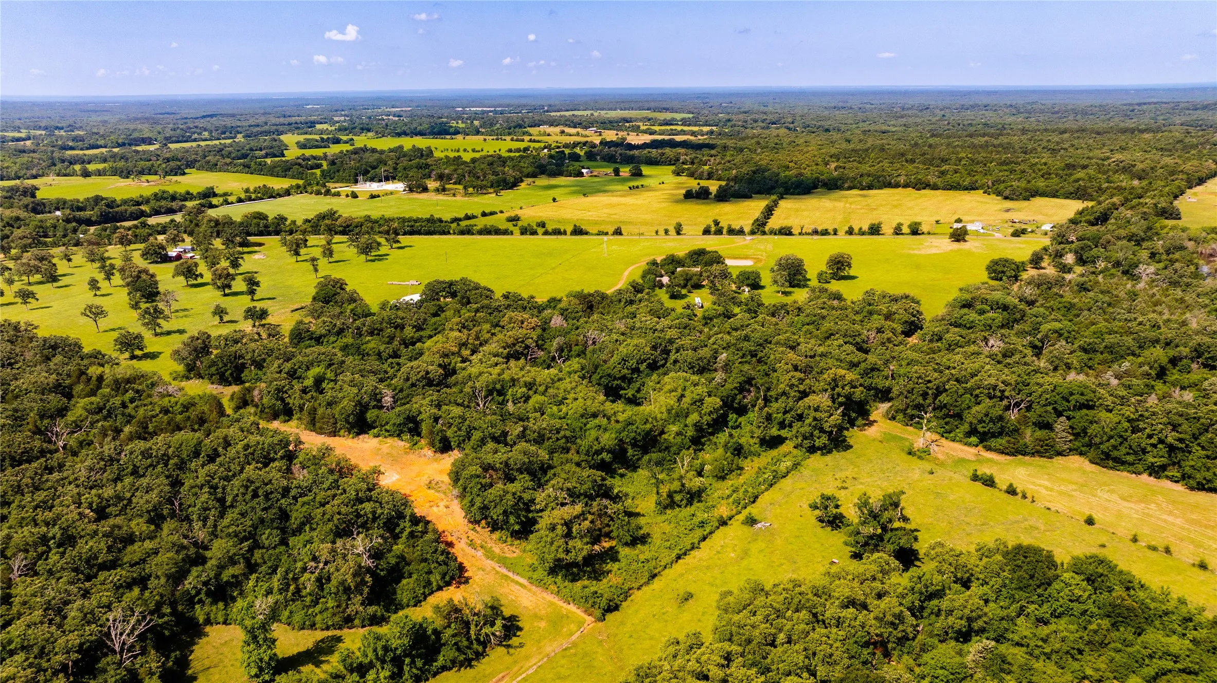 Expansive rural acreage featuring dense wooded areas and open green pastures