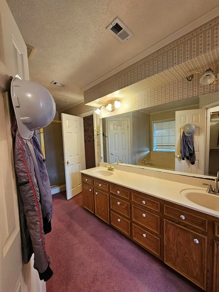 Bathroom with double vanity, dark carpet, and a textured ceiling