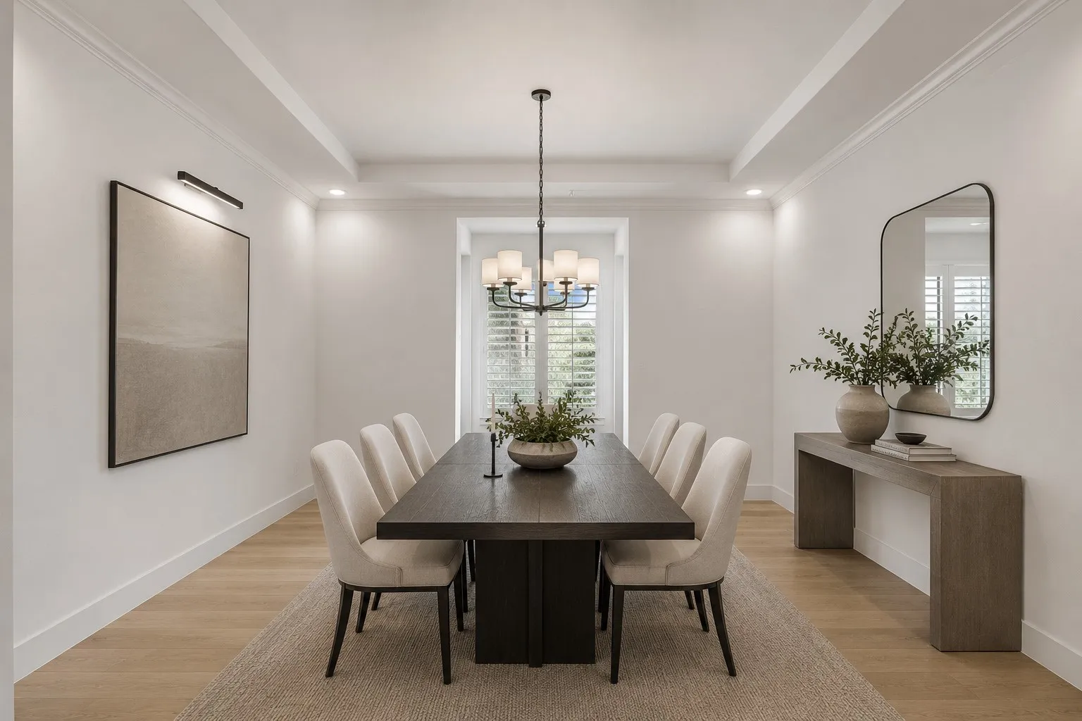 Recessed ceiling lighting, crown molding, and wood-finish flooring