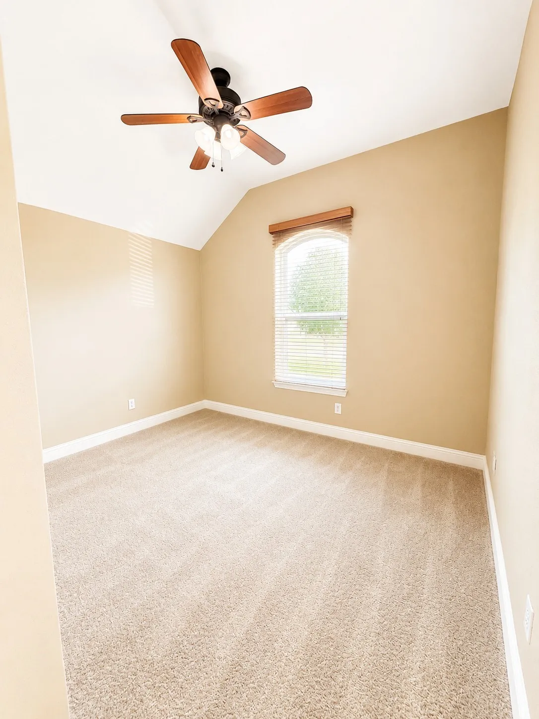 Vaulted ceiling with a wood-finish ceiling fan, arched window with horizontal blinds, and plush carpet flooring