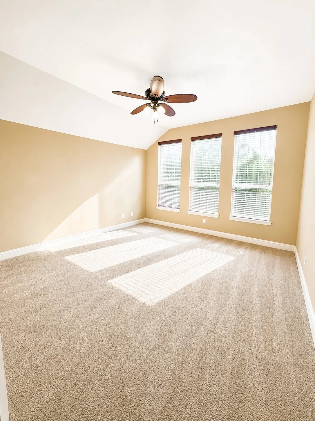 Spacious room featuring vaulted ceilings and neutral-toned carpeting