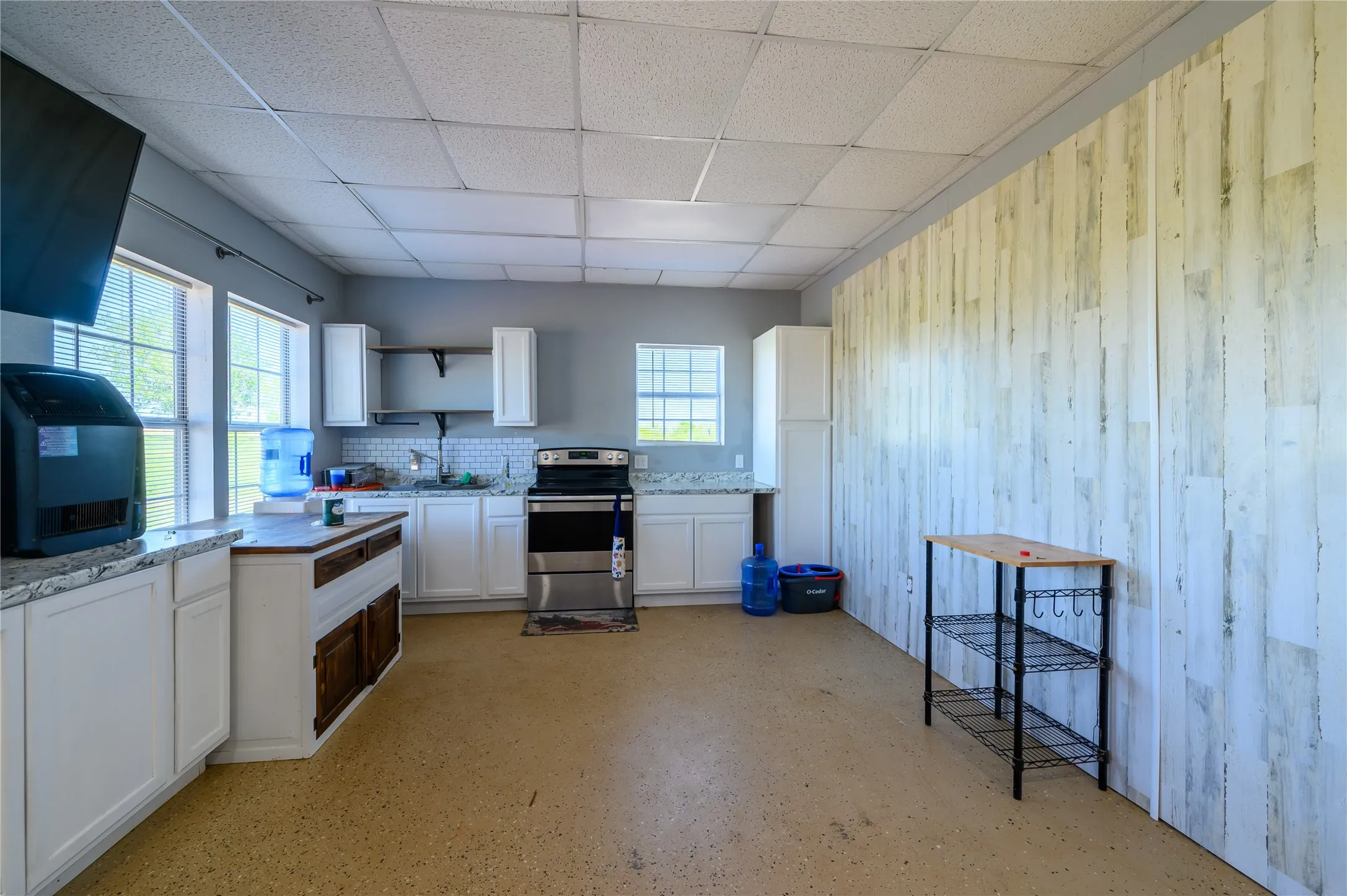 Kitchen with wood walls, white cabinetry, stainless steel electric stove, backsplash, and a paneled ceiling