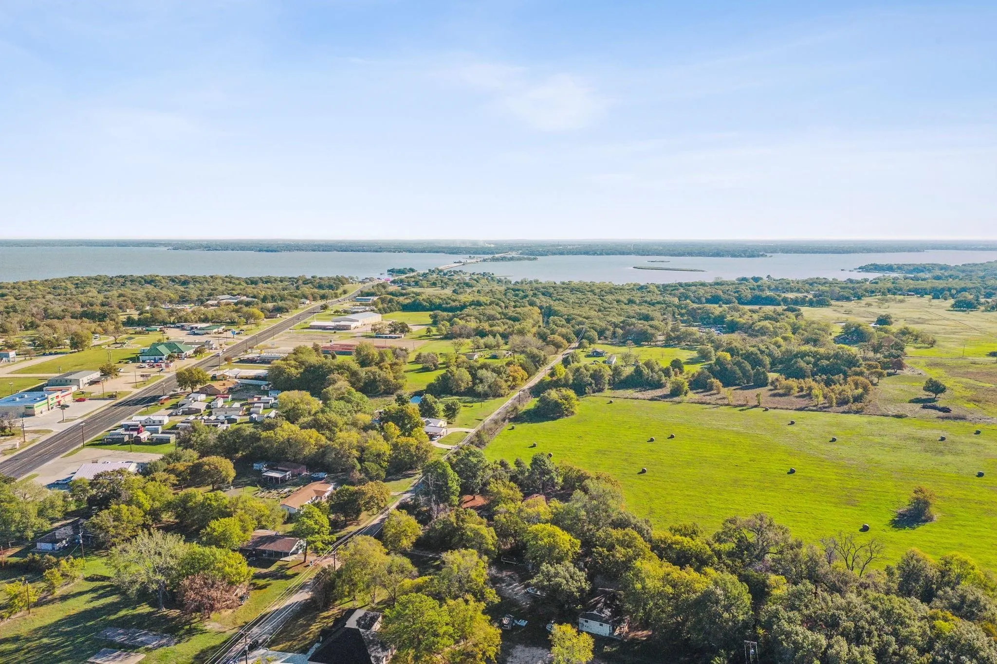 Aerial view of a nearby body of water