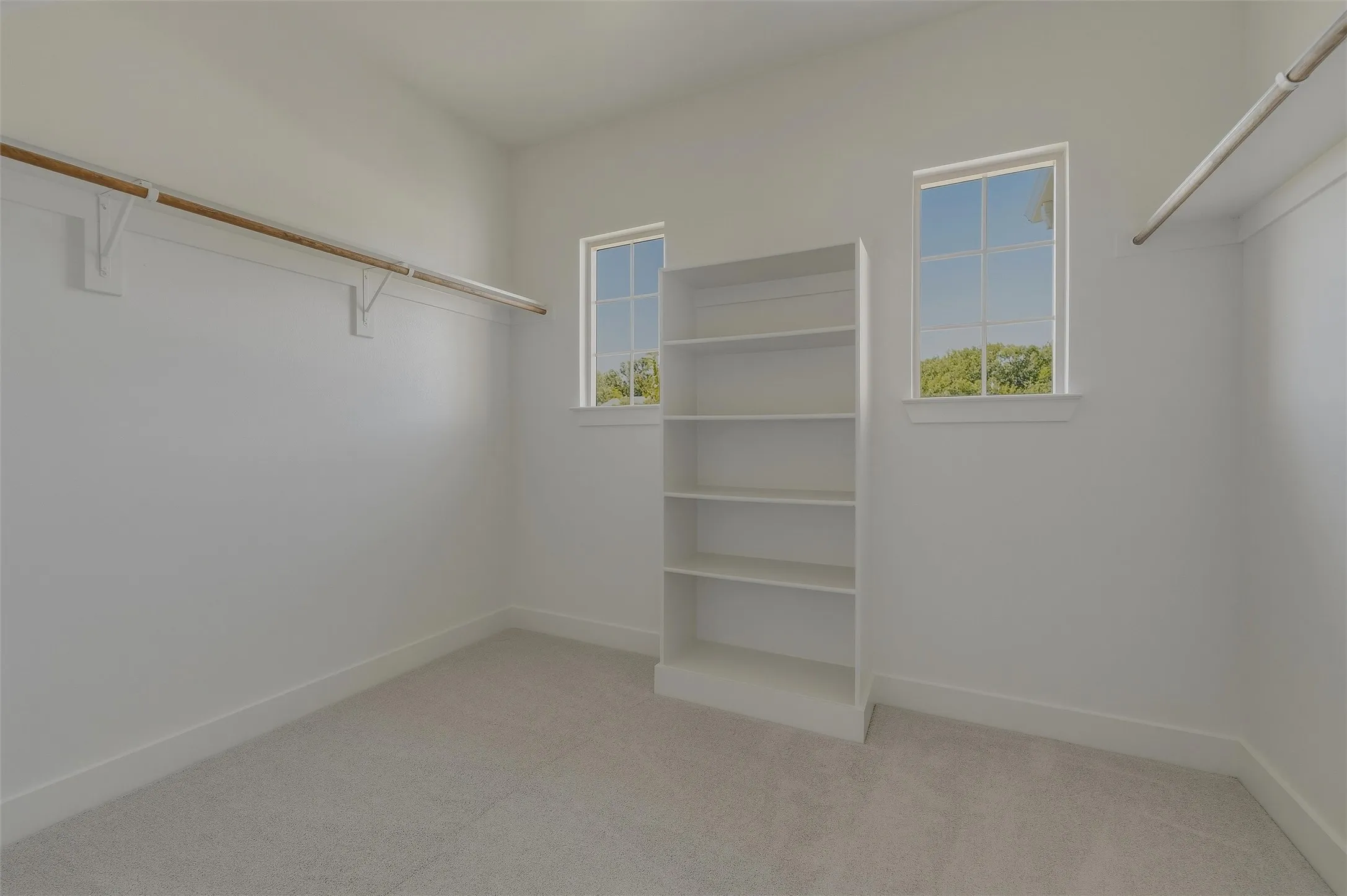 Spacious walk-in closet featuring light-toned carpeting, built-in shelving, and two windows