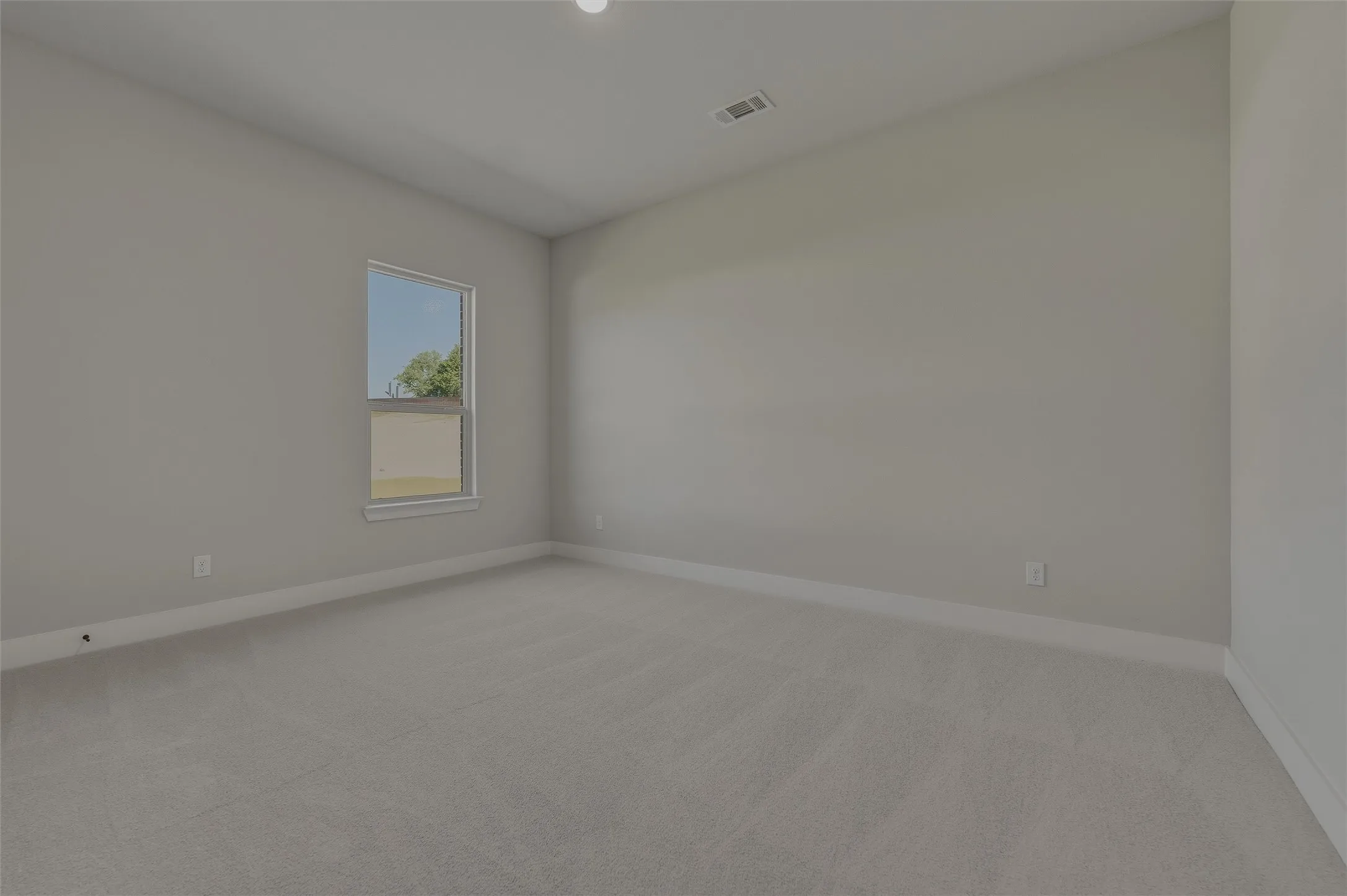 Spacious room featuring light gray carpeting, neutral wall paint, and white baseboards