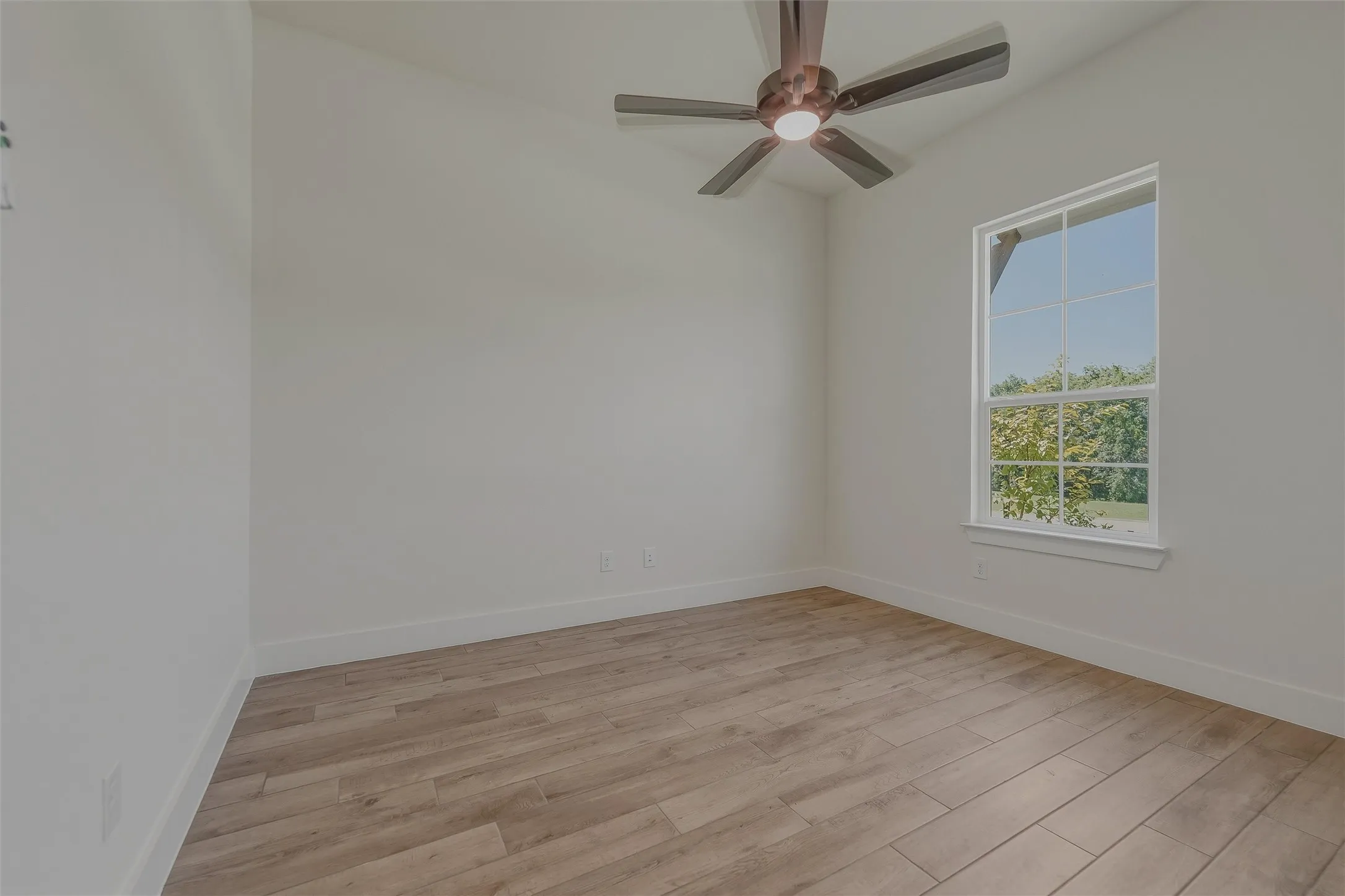 Neutral wall paint, wood-finish flooring, and a contemporary ceiling fan with integrated lighting